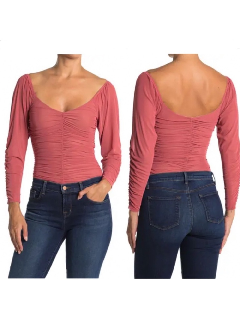 ASTR the Label Ruched Mesh Long Sleeve Pink Bodysuit